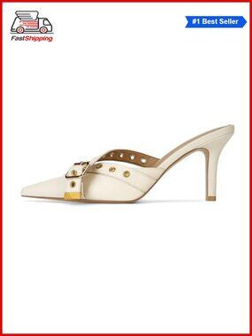 ✨ Pointed Toe Kitten Heel Mules Vegan Leather Studded Buckle Slip On Dressy